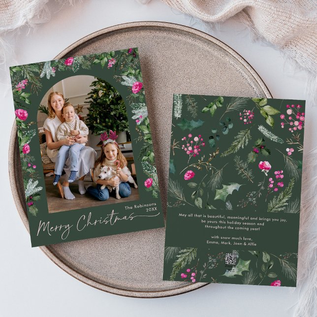 Green & Bright Pink Botanical Arch Christmas Photo Holiday Card (Creator Uploaded)