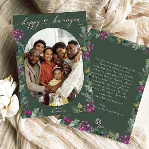 Green & Bright Pink Botanicals Happy Kwanzaa Photo Holiday Card