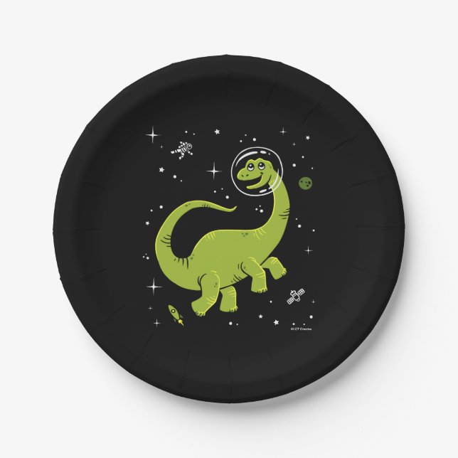 Green Brontosaurus Dinos In Space Paper Plates (Front)
