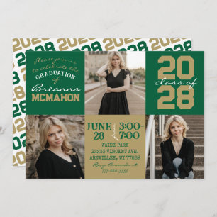Green & Bronze Gold 3 Photo Graduation Invitation