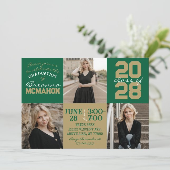Green & Bronze Gold 3 Photo Graduation Invitation (Standing Front)