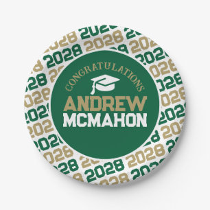 Green, Bronze Gold & White Graduation Personalized Paper Plates
