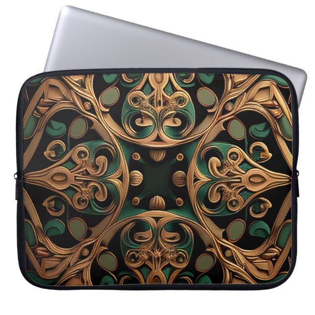 Green Bronze Ornamental Plaid Pattern Decoration Laptop Sleeve (Front)