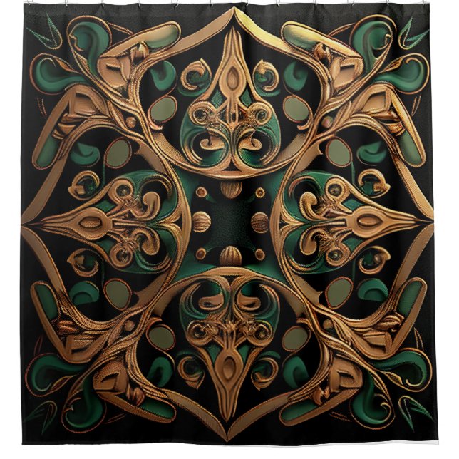 Green Bronze Ornamental Plaid Pattern Decoration Shower Curtain (Front)