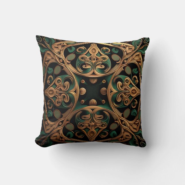 Green Bronze Ornamental Plaid Pattern Decoration Throw Pillow (Front)