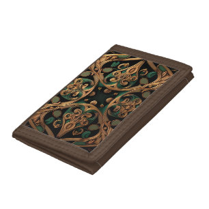 Green Bronze Ornamental Plaid Pattern Decoration Trifold Wallet