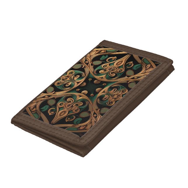 Green Bronze Ornamental Plaid Pattern Decoration Trifold Wallet (Bottom)