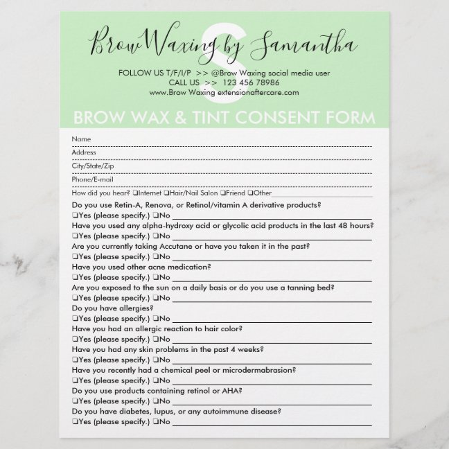 Green Brow Wax Tint Customer Consent Waiver Form Flyer