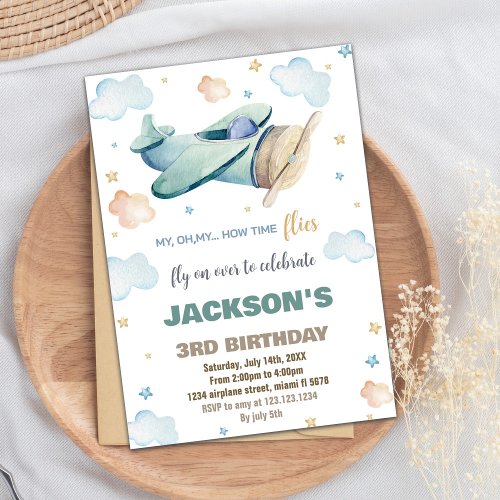 Green Brown Airplane Birthday Invitations