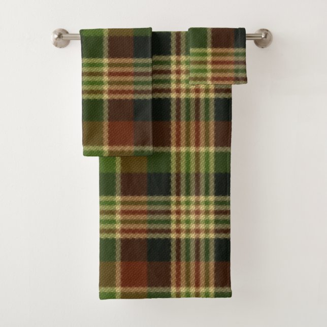 Green Brown and Beige Plaid Bath Towel Set (Insitu)