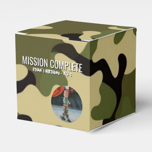Green, Brown, and Tan Camo Mission Complete Favor Boxes (Front Side)