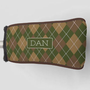 Green & Brown Argyle Camo Pattern & his initials Golf Head Cover