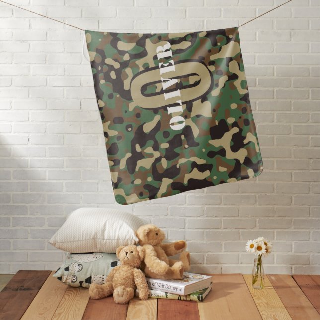 Green Brown Beige Camo Camouflage Monogram Name Baby Blanket (In Situ)