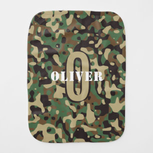 Green Brown Beige Camo Camouflage Monogram Name Baby Burp Cloth