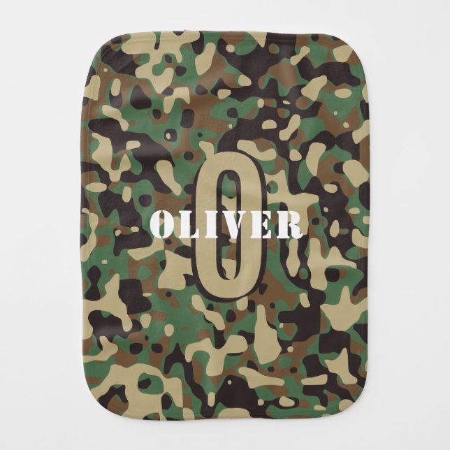 Green Brown Beige Camo Camouflage Monogram Name Baby Burp Cloth (Front)