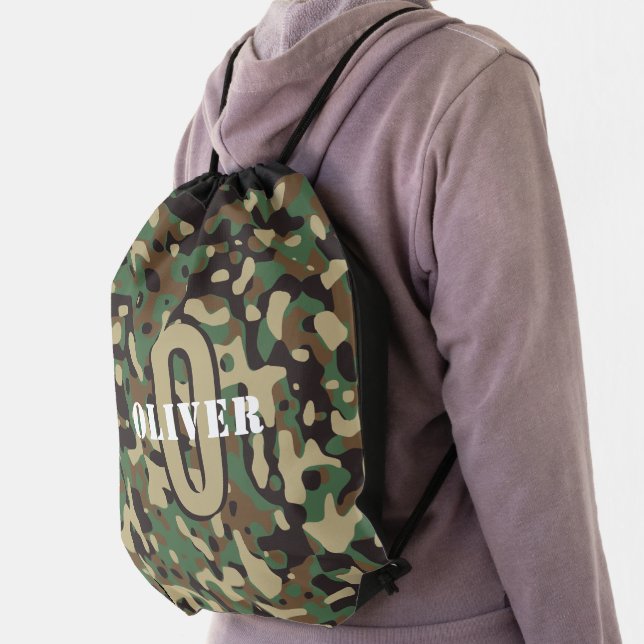 Green Brown Beige Camo Camouflage Monogram Name Drawstring Bag (Insitu)