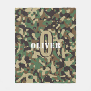 Green Brown Beige Camo Camouflage Monogram Name Fleece Blanket