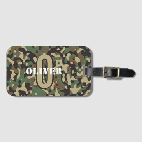 Green Brown Beige Camo Camouflage Monogram Name Luggage Tag