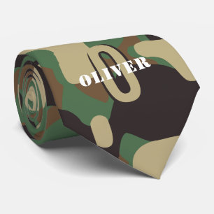 Green Brown Beige Camo Camouflage Monogram Name Neck Tie