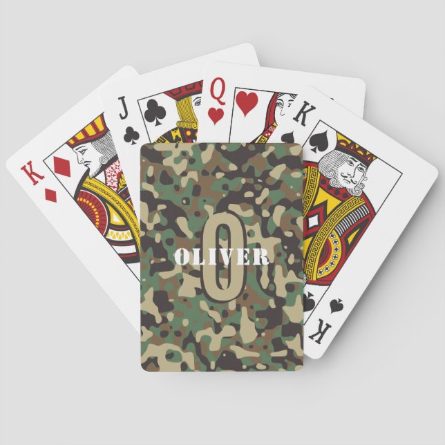 Green Brown Beige Camo Camouflage Monogram Name Poker Cards (Back)