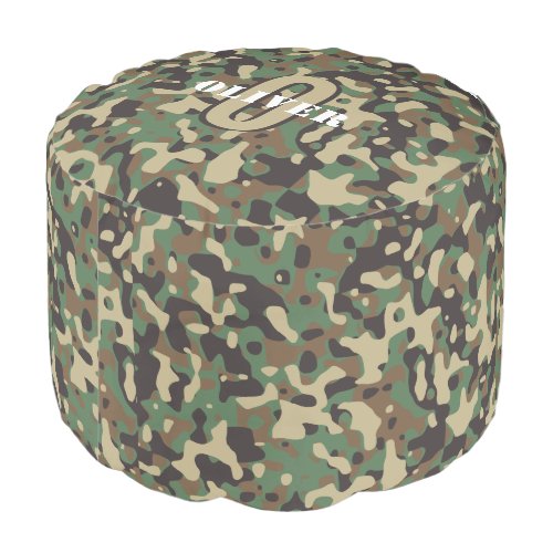 Green Brown Beige Camo Camouflage Monogram Name Pouf