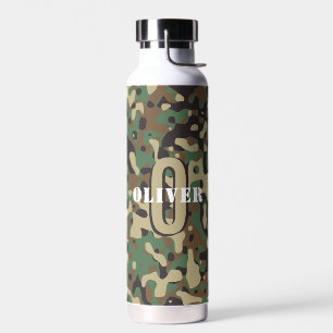 Green Brown Beige Camo Camouflage Monogram Name Water Bottle