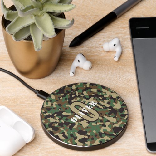 Green Brown Beige Camo Camouflage Monogram Name Wireless Charger