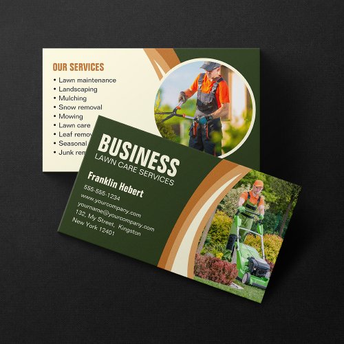 Green Brown Biege Lawn Care Landscaping Mowing Business Card