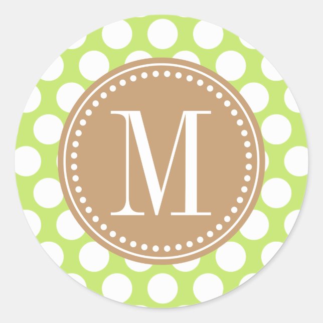Green & Brown Big Polka Dots Monogrammed Classic Round Sticker (Front)
