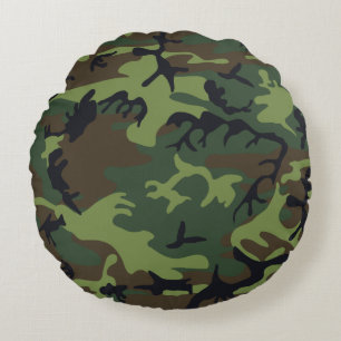 Green, Brown, Black Camo Camouflage Round Pillow