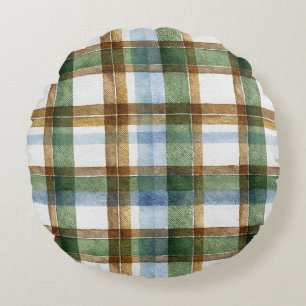 Green Brown Blue Plaid Stripes Round Pillow