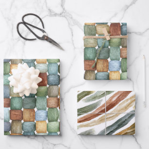 Green Brown Blue Yellow Squares Stripes Birthday Wrapping Paper Sheets