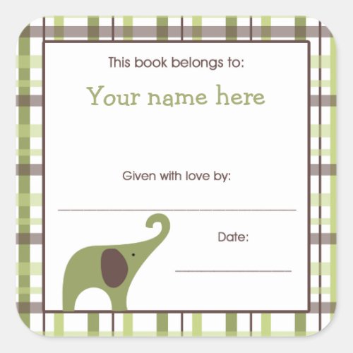 Green Brown Boy Elephant Baby Shower Book Plate