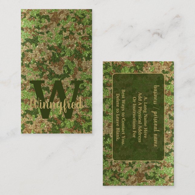 Green Brown Camouflage Glitter Camo Monogram Name Business Card (Front/Back)