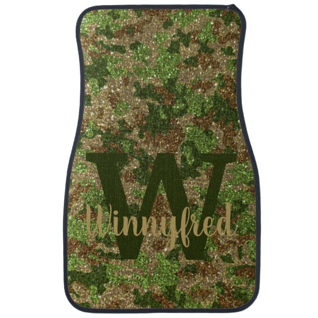 Green Brown Camouflage Glitter Camo Monogram Name Car Floor Mat (Front)