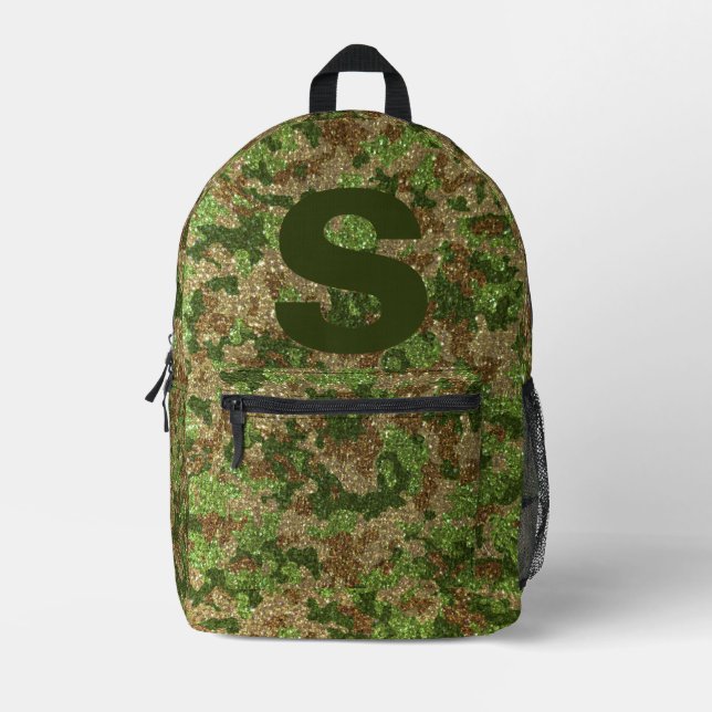 Green Brown Camouflage Glitter Camo Monogram Name Printed Backpack (Front)