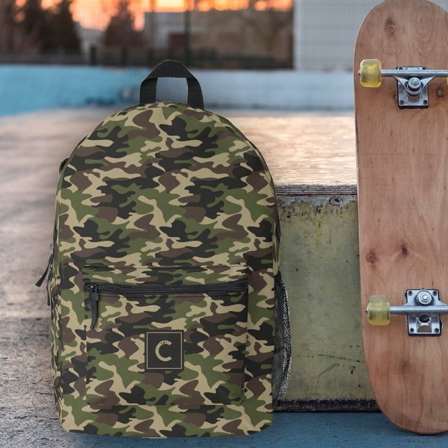 Green Brown Camouflage Pattern Monogram Printed Backpack (Creator Uploaded)