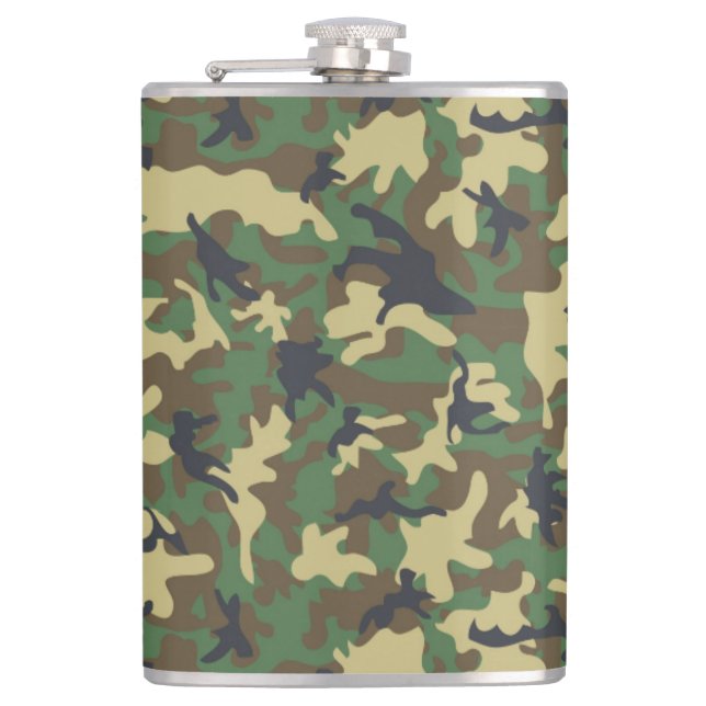 Green Brown Camouflage Vinyl Wrapped Flask 8 oz (Front)