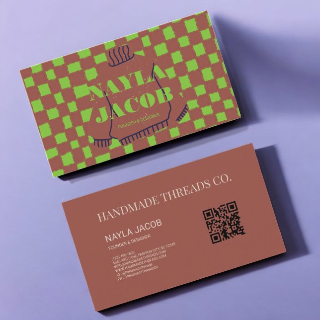 Green Brown Checkerboard Pattern QR Code Handmade Business Card (Creator Uploaded)