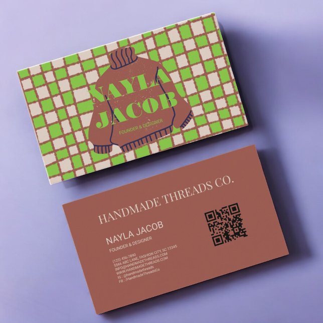 Green Brown Checkerboard Pattern QR Code Handmade Business Card (Creator Uploaded)