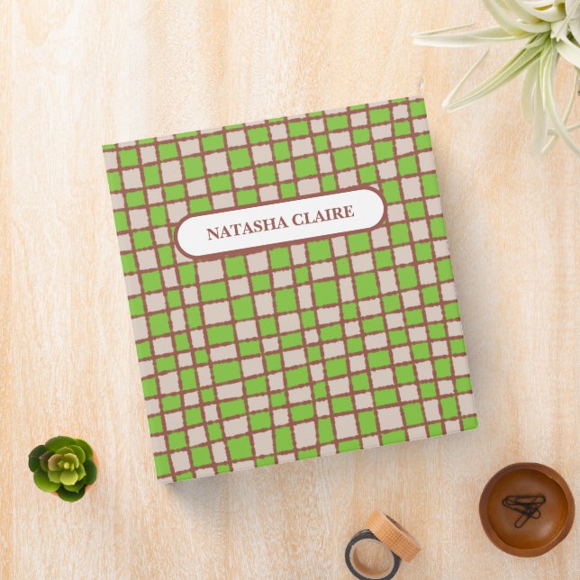Green Brown Checkered Checkerboard Pattern 3 Ring Binder (In Situ)