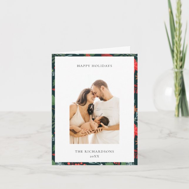 Green Brown Christmas Floral Pattern Photo Happy Holiday Card (Front)