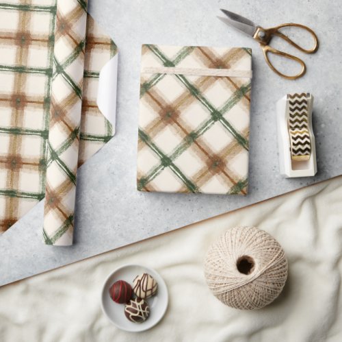 Green Brown Cream Plaid Stripes Birthday Wrapping Paper