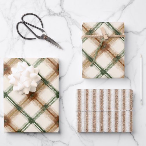 Green Brown Cream Plaid Stripes Birthday Wrapping Paper Sheets