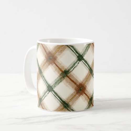 Green Brown Cream Plaid Stripes Coffee Mug