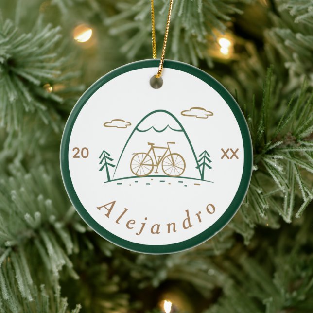 Green & Brown Cute Bicycle Design Cycling Theme Ceramic Ornament (Tree)