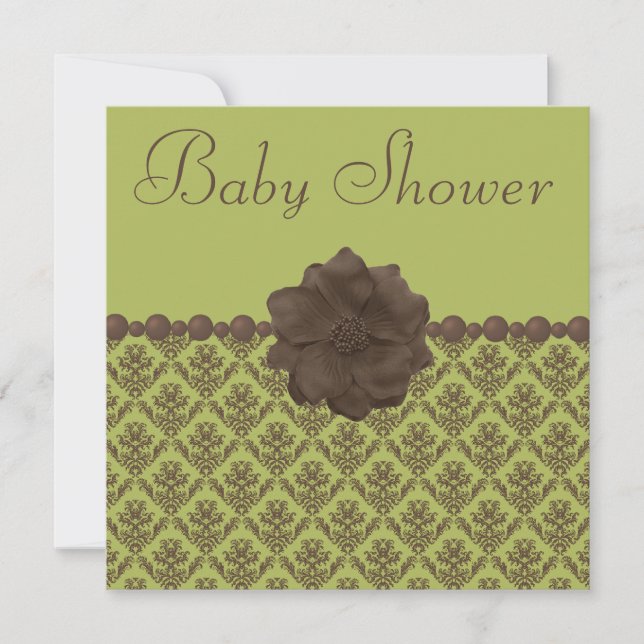 Green & Brown Damask, Flower & Pearls Baby Shower Invitation (Front)