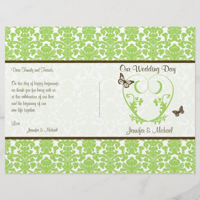 Green Brown Damask Heart Butterfly Wedding Program (Front)
