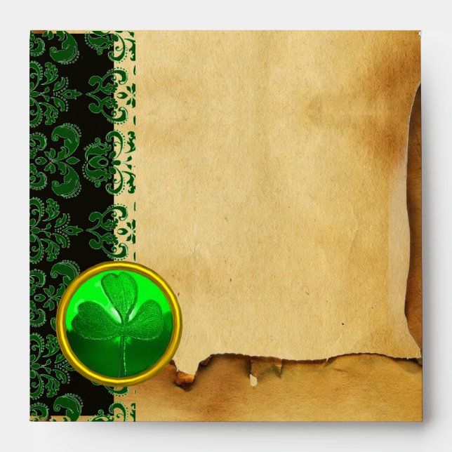 GREEN BROWN DAMASK PARCHMENT WITH SHAMROCK ,black Envelope (Front)