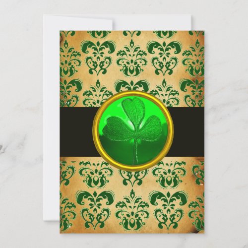 GREEN BROWN DAMASK  PARCHMENT WITH SHAMROCK  Black Invitation